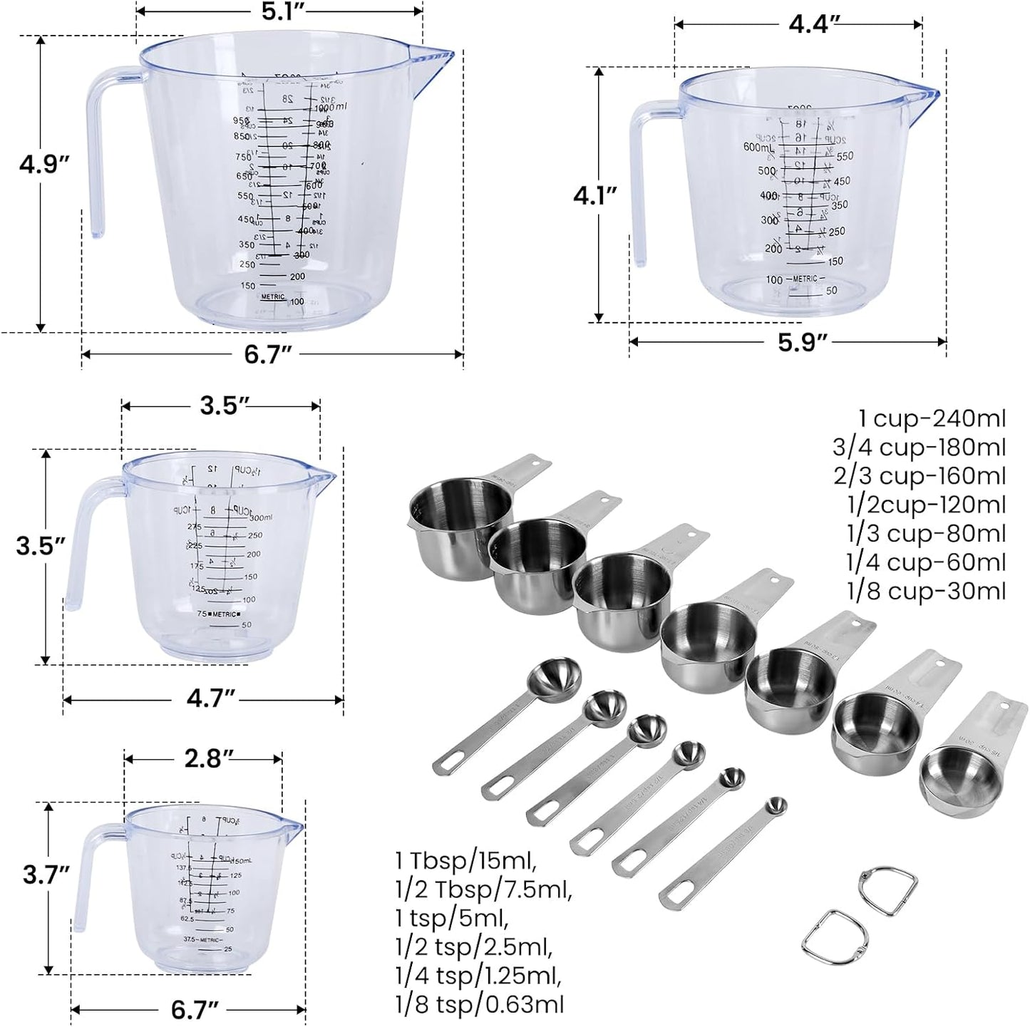 7x Stainless Steel Measuring Cups with 6x Measure Spoons Set,4x Py&amp;Res Plastic liquid Measurings Cups for Liquids,Kitchen Gadgets for Cooking &amp; Baking Utensils Christmas Gift (17Pcs)