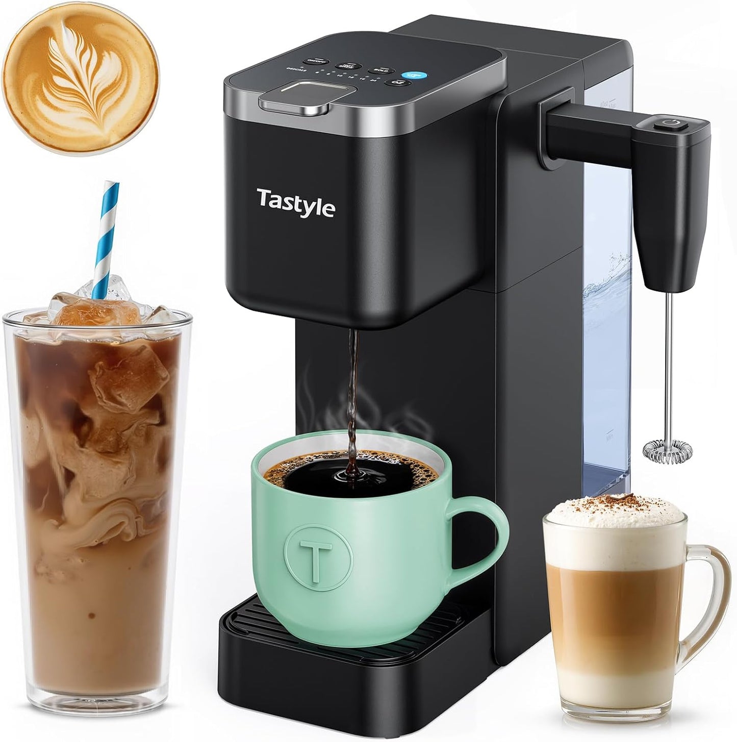 Tastyle Single Serve Coffee Maker with Built-in Detachable Milk Frother | For K Cups &amp; Grounds, 40oz Removable Water Tank, 6 Brew Sizes, 2 Drip Trays, BPA Free, Fits 7.3" Travel Mug, K330MF, Black
