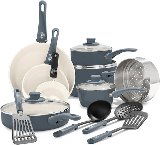 GreenLife 16 Piece Ceramic Nonstick Pots & Pans Cookware Set, Gray | PFAS-Free Nonstick Coating, Stockpot, Frying Pans