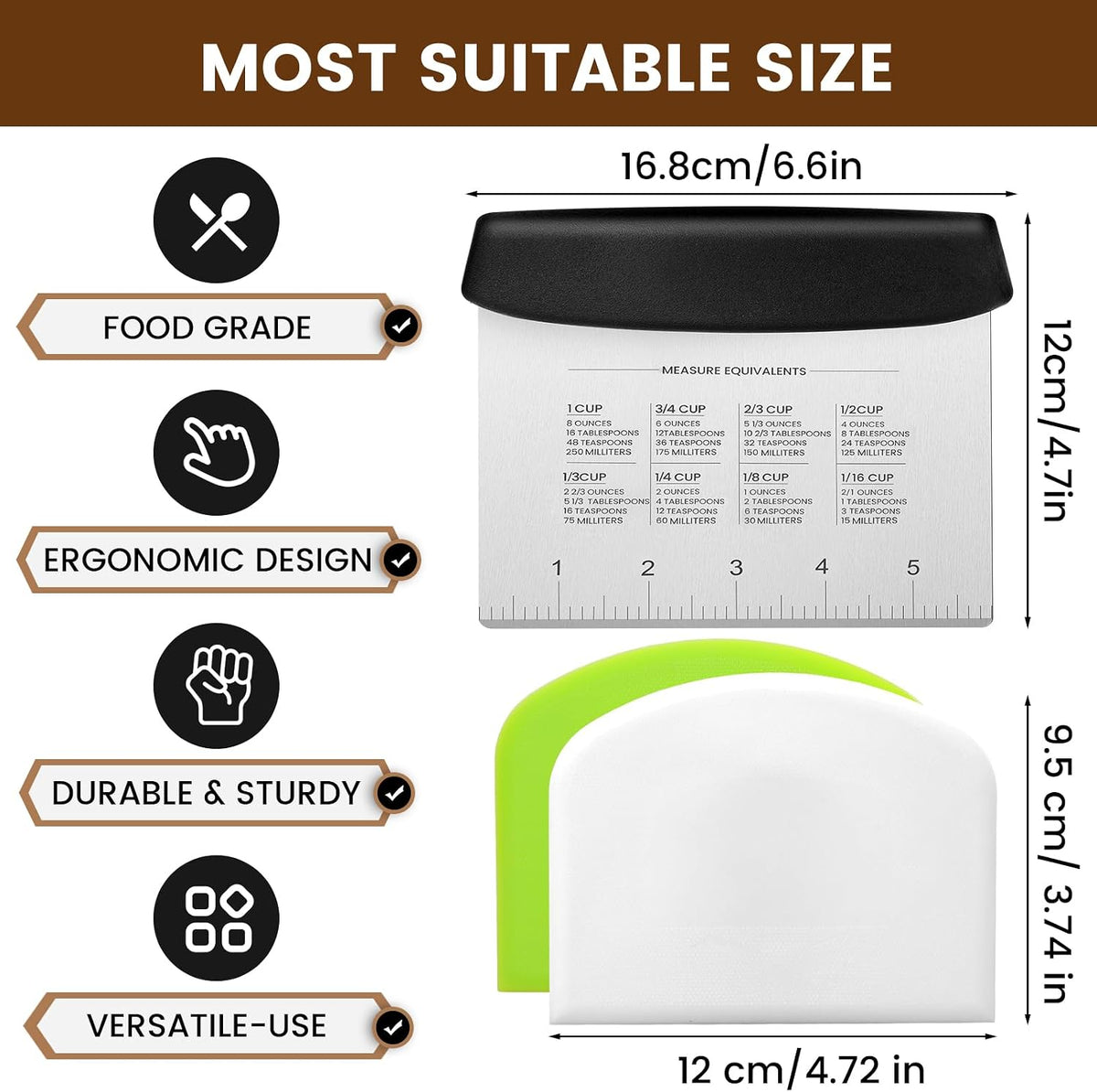 SCHVUBENR Dough Scraper Set with 2 Flexible Bowl Scrapers - Stainless Steel Dough Cutter &amp; Bench Scraper with Measuring Scale - Versatile Kitchen Scraper for Bread, Pastry, Pizza, Cake - Black &amp; Green