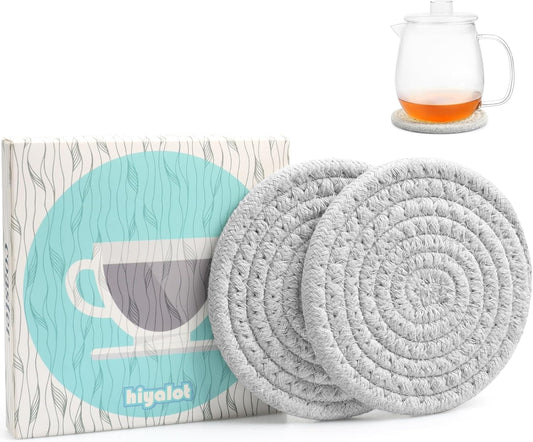 4.8" Cotton Drink Coasters Set of 2– Absorbent Fabric Mug Pads for Coffee, Tea & Drinks, Minimalist Desk & Nightstand Cup
