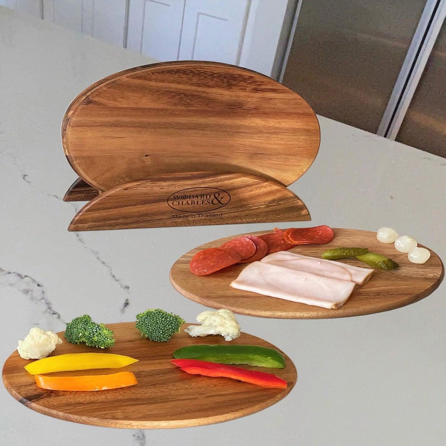 Woodard &amp; Charles 6 Acacia Wood Serving Boards w/Stand, 7 Pc, 10 Pack