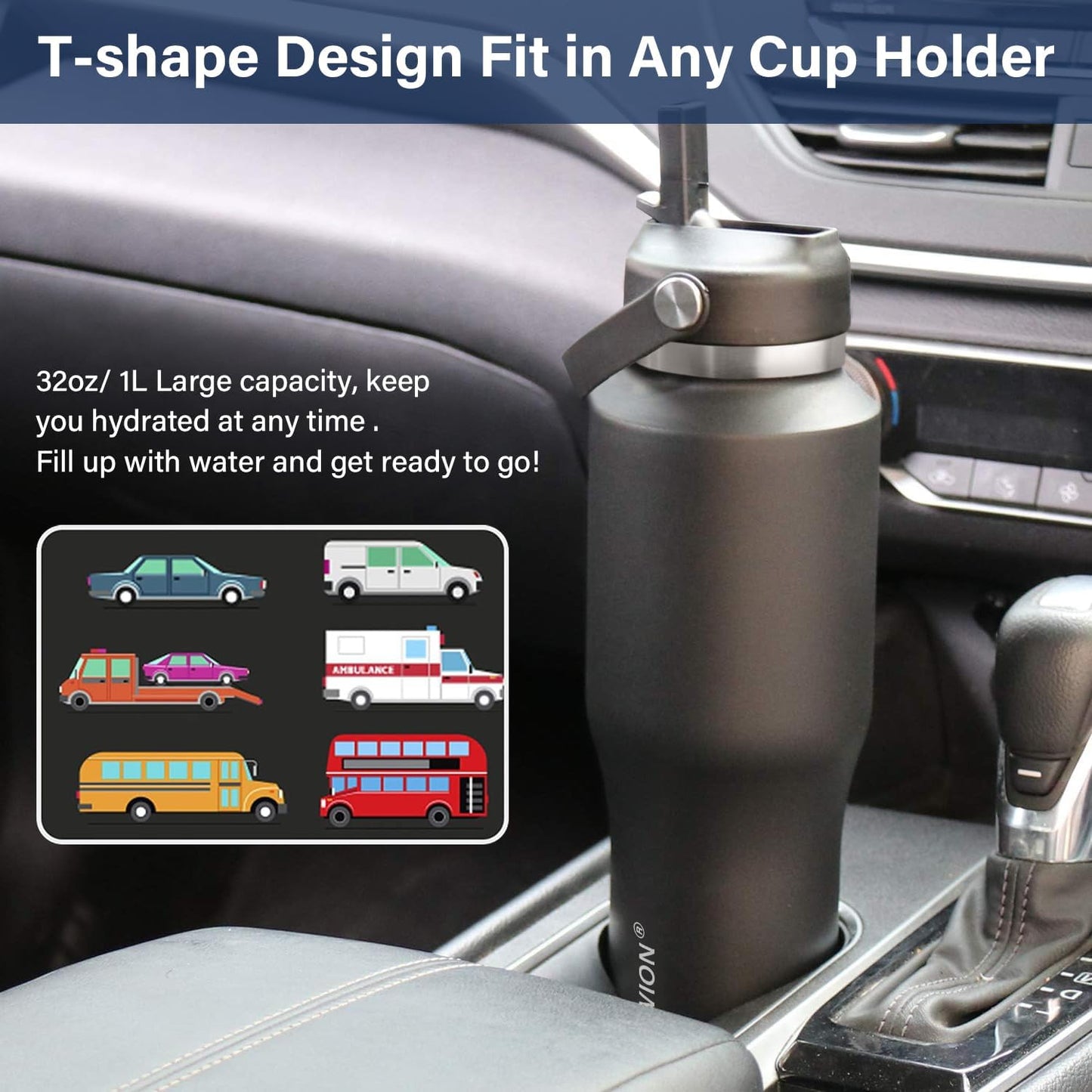 HYDROWION Insulated Water Bottle, 32oz Water Bottle with Straw Lid, Double Walled Leak Proof 32oz Vacuum Bottle (Cold for 48 Hrs,Hot for 24 Hrs) Fit in Any Car Cupholder, White&Black