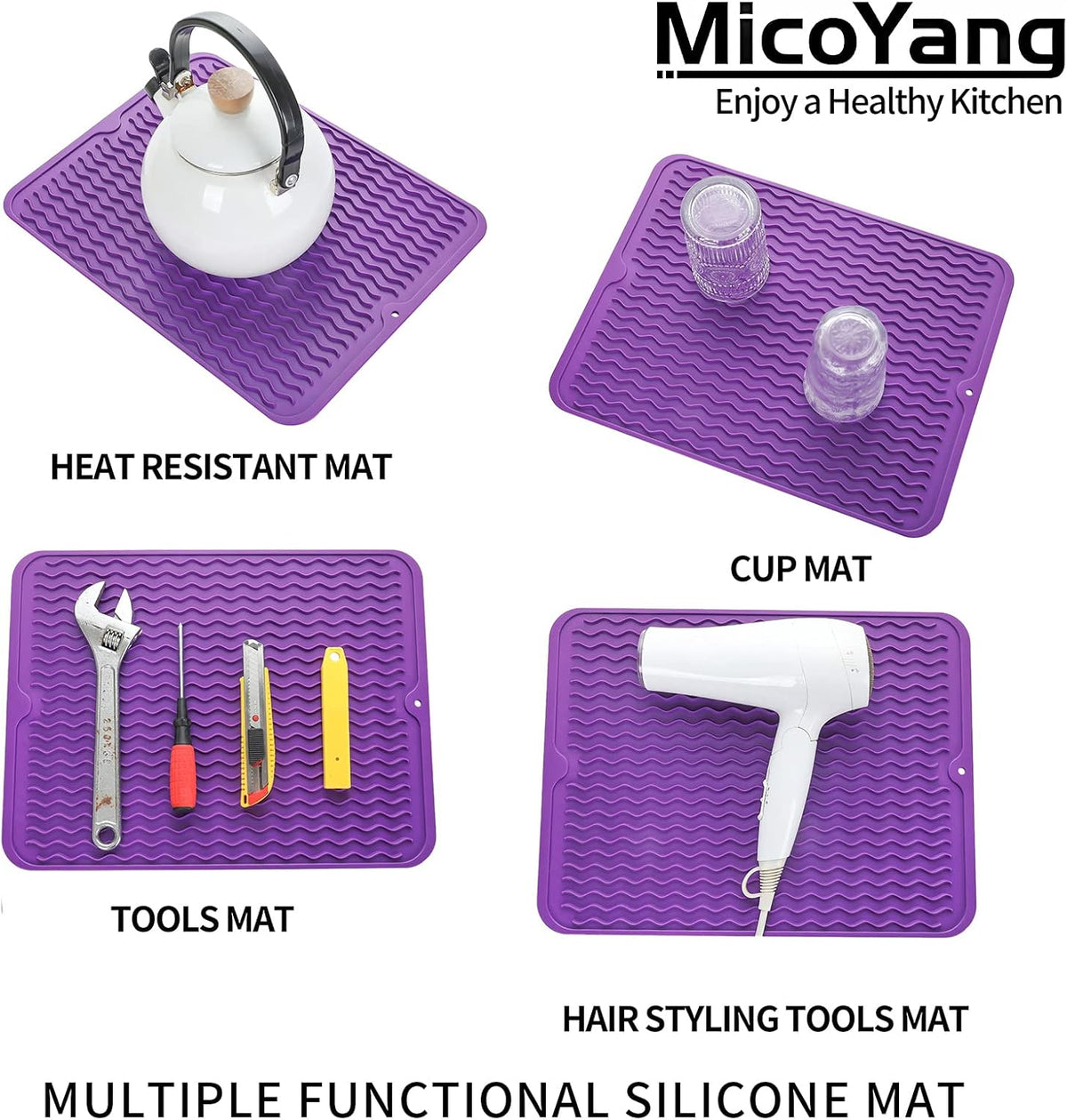 Silicone Dish Drying Mat for Multiple Usage,Easy clean,Eco-friendly,Heat-resistant Silicone Mat for Kitchen Counter or Sink,Refrigerator or drawer liner Purple L 16 inches x 12 inches