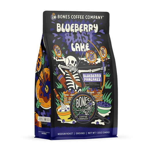 Bones Coffee Company Blueberry Blast Cake, Blueberry Pancakes Flavored Coffee, Medium Roast Low Acid Arabica Beans