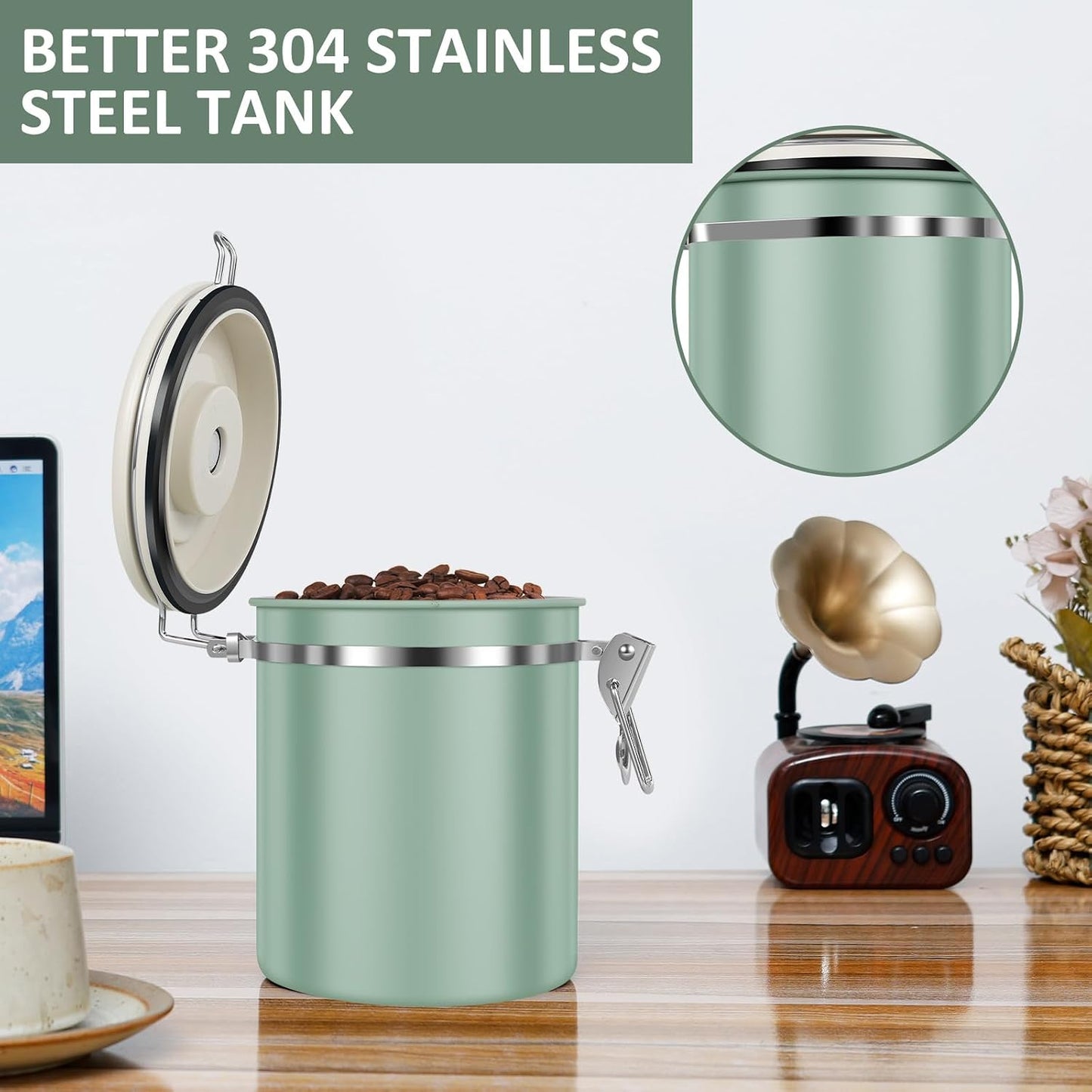 2PCS Coffee Storage Canister 1.5L 51OZ Double Airtight Coffee Beans Container with Date Locator 304 Stainless Steel Kitchen Food Storage Container with Spoon For Coffee Beans Grounds Tea Sugar