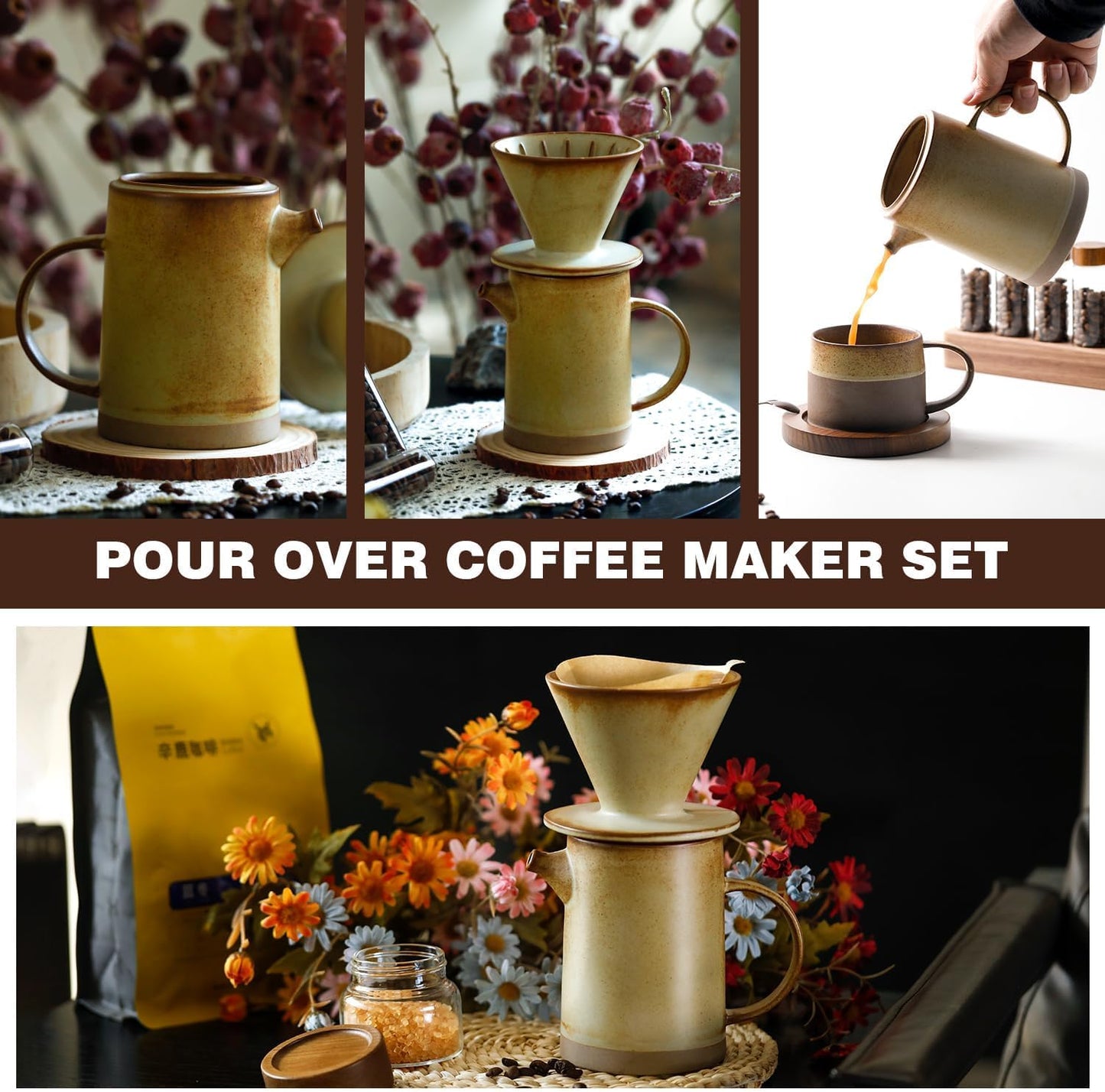 DIF DECO Pour Over Coffee Maker Set Vintage Ceramic Pour Over Coffee Dripper Set with 20 Count Paper Coffee Filters,for Home Café Restaurant Camping,15.8 Ounces(Yellow)