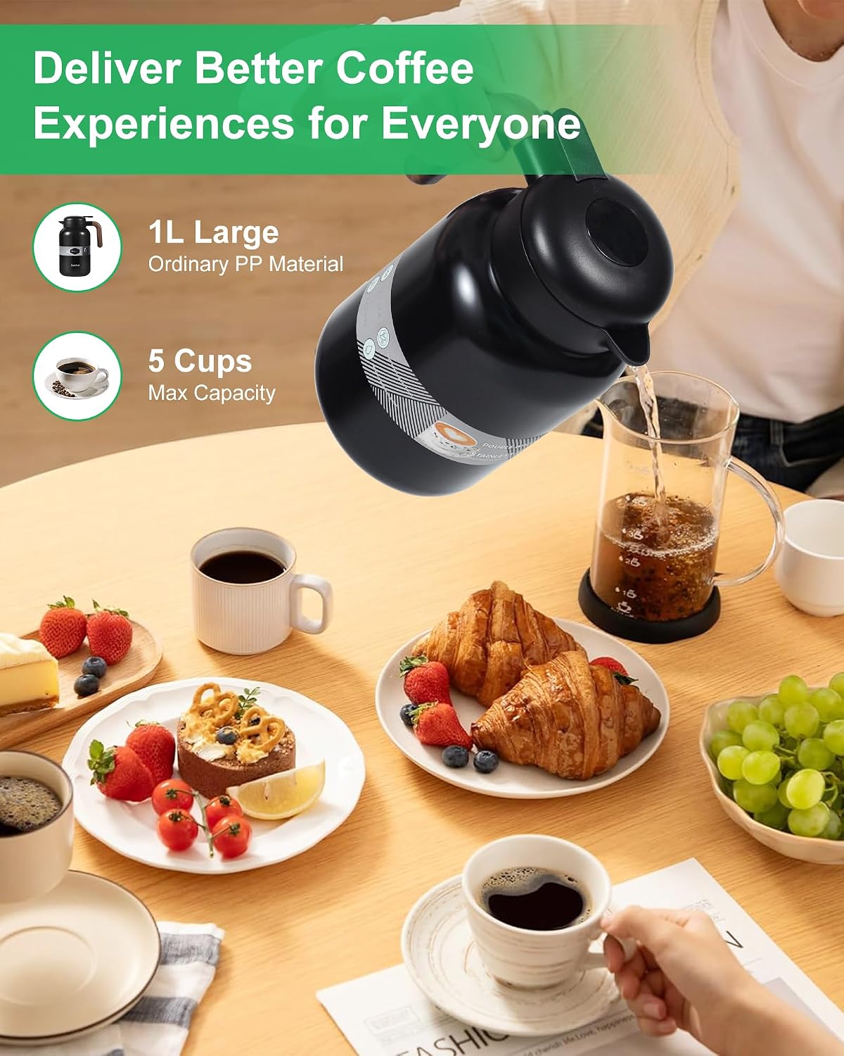 45 Oz Thermal Coffee Carafe, Stainless Steel Insulated Vacuum Coffee Carafes For Keeping Hot, 1.3 Liter Beverage Dispenser (Black)