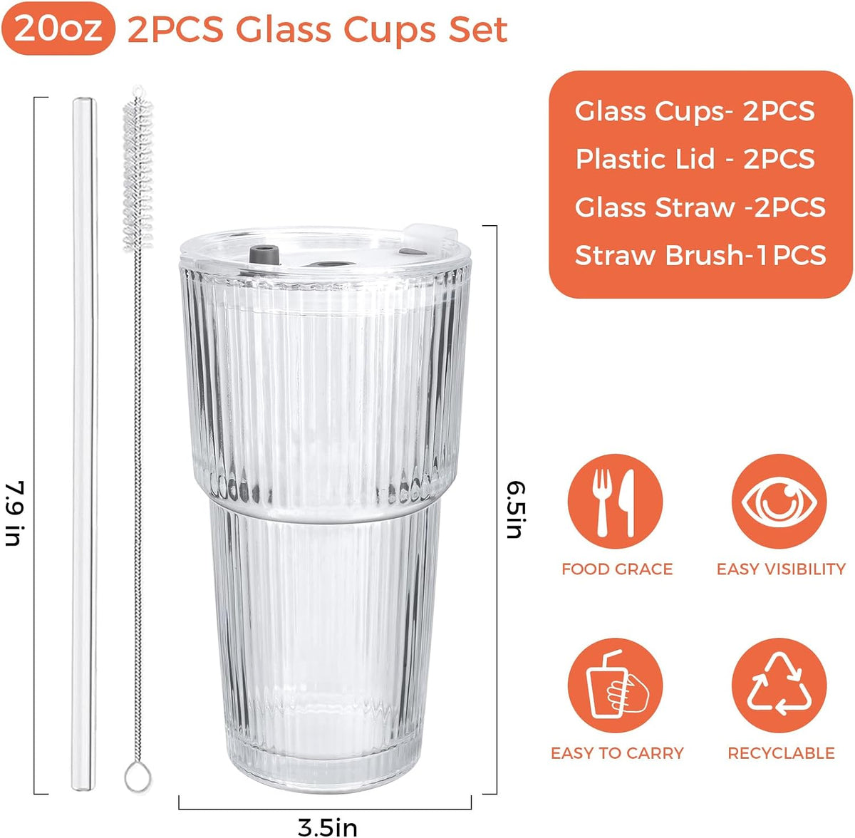 2PCS 20oz Glass Cups with Lids and Straws