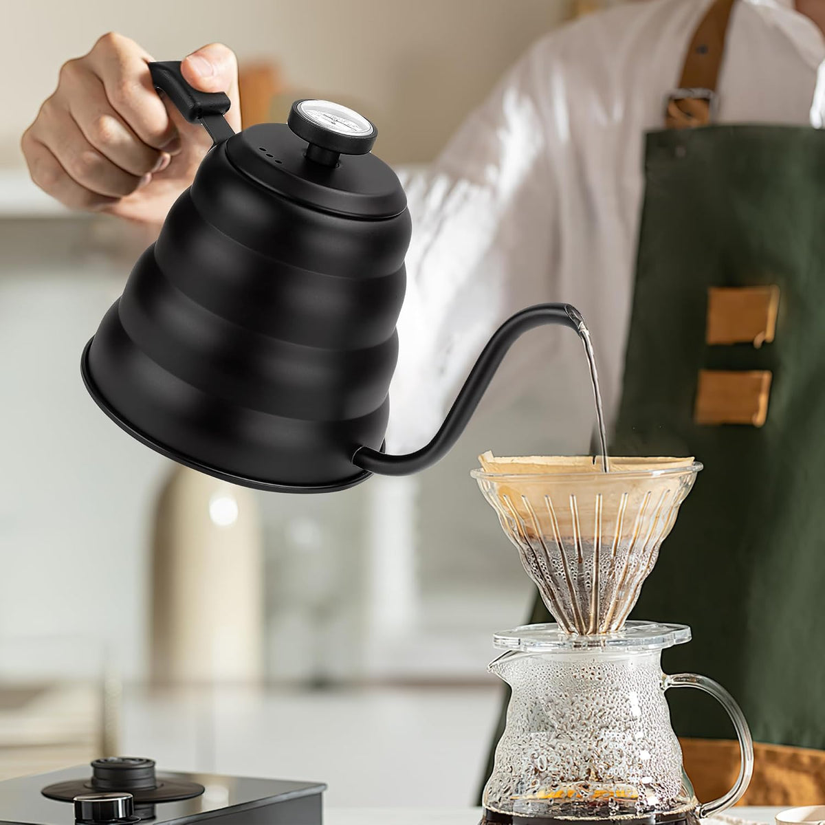 Tea Kettle with Thermometer,Black Gooseneck Coffee Kettle Pot Stovetop,40oz