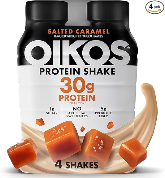 Oikos Protein Shake, Salted Caramel, 30g High Protein Drinks, Shelf Stable, Ready to Drink, 5g Prebiotic Fiber, 12 fl oz