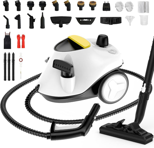 Steam Cleaner,Multipurpose Neat Canister Steamer with 27 Accessories, 5 Mins Heating with 1.5L Tank,Rolling Cleaning Machine for Carpet, Floors,Windows,Mirrors,Glass and Cars (White3)