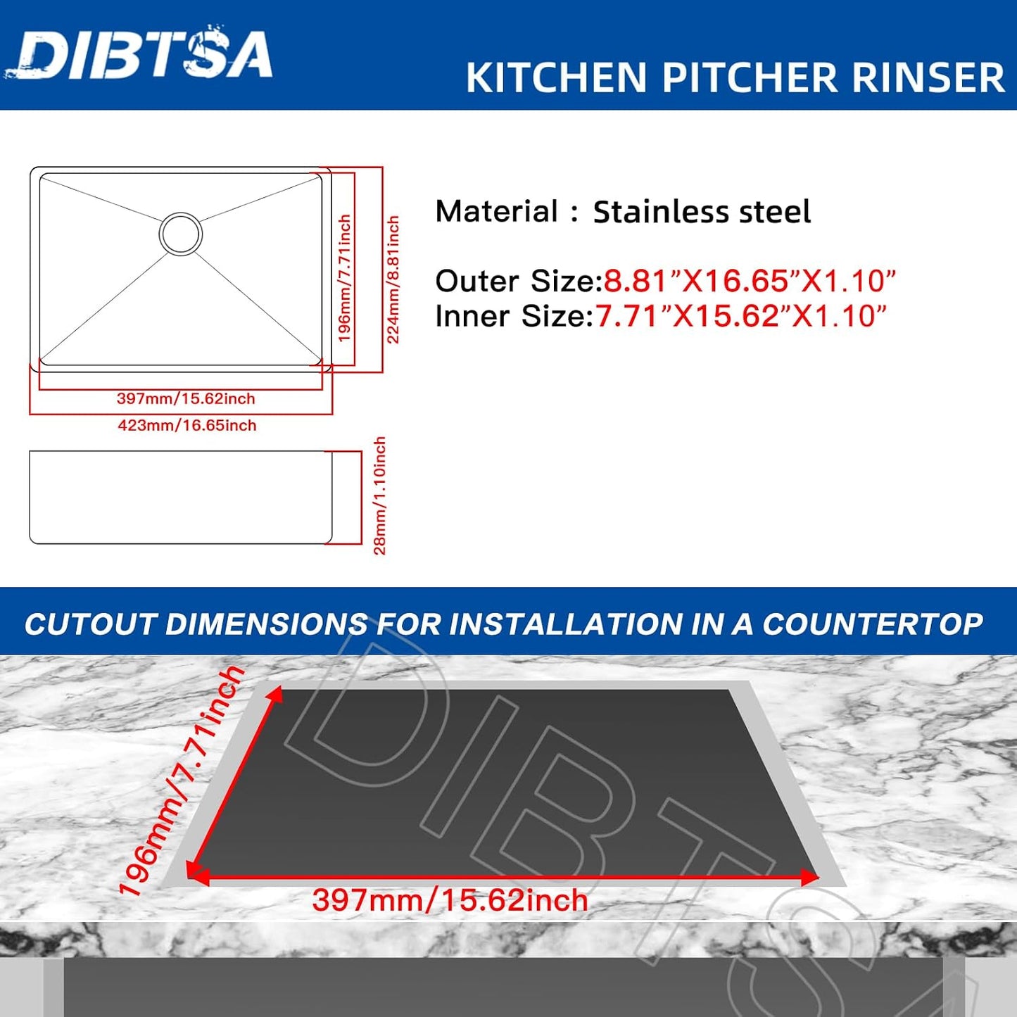 DIBTSA Glass Rinser, Stainless Steel Espresso Cup Pitcher Rinser Sink with Spray,Drain and Drip Tray, Silver Middle Size 16.65 x 8.81 x 1.1 inches