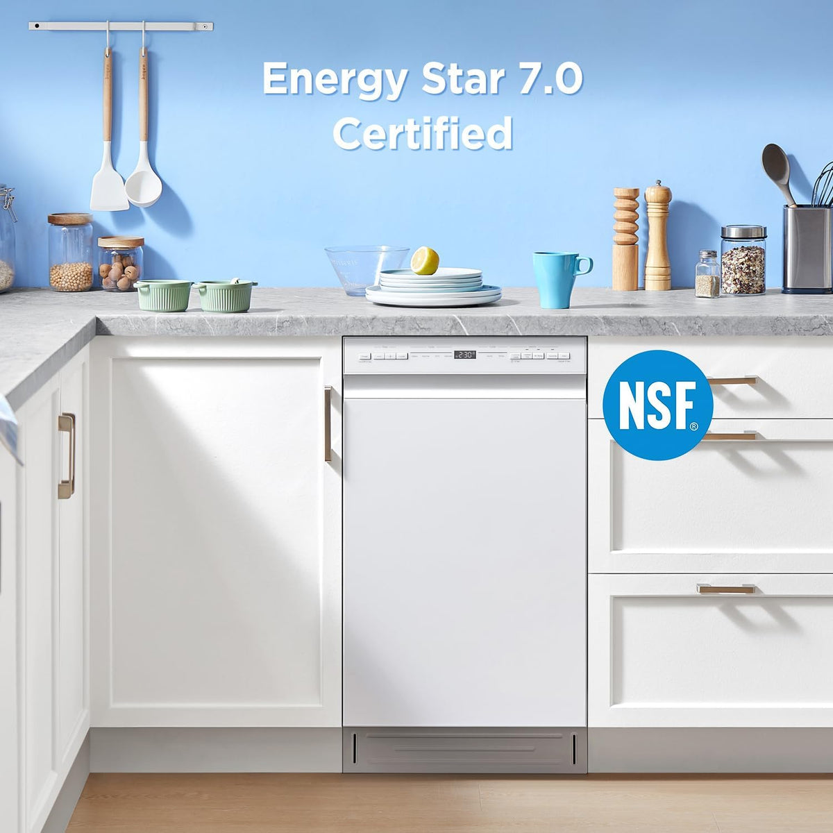 Midea 18 Inch Built-in Dishwasher, 8 Place Settings, Stainless Steel Tub | 6 Washing Cycles, Energy Star Certified with Heated Dry &amp; High-Temp Wash, Slim Quiet for Apartments, and RVs, White