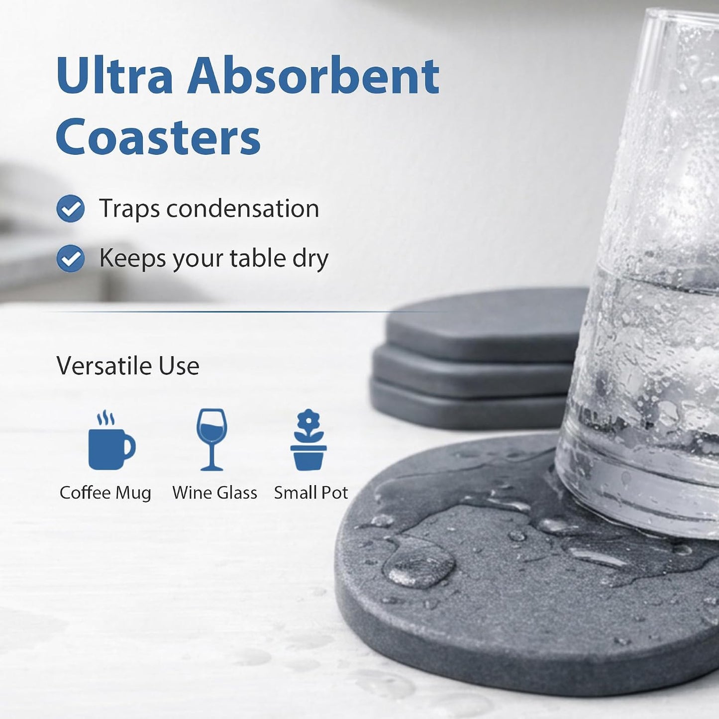 6 Pack Diatomite Absorbent Coasters for Drinks, Fast Drying Stone Coasters | XRzitky Diatomaceous Earth Instant Moisture Water Absorbing and Drying Coasters for Table Desk at Work, Dark Gray
