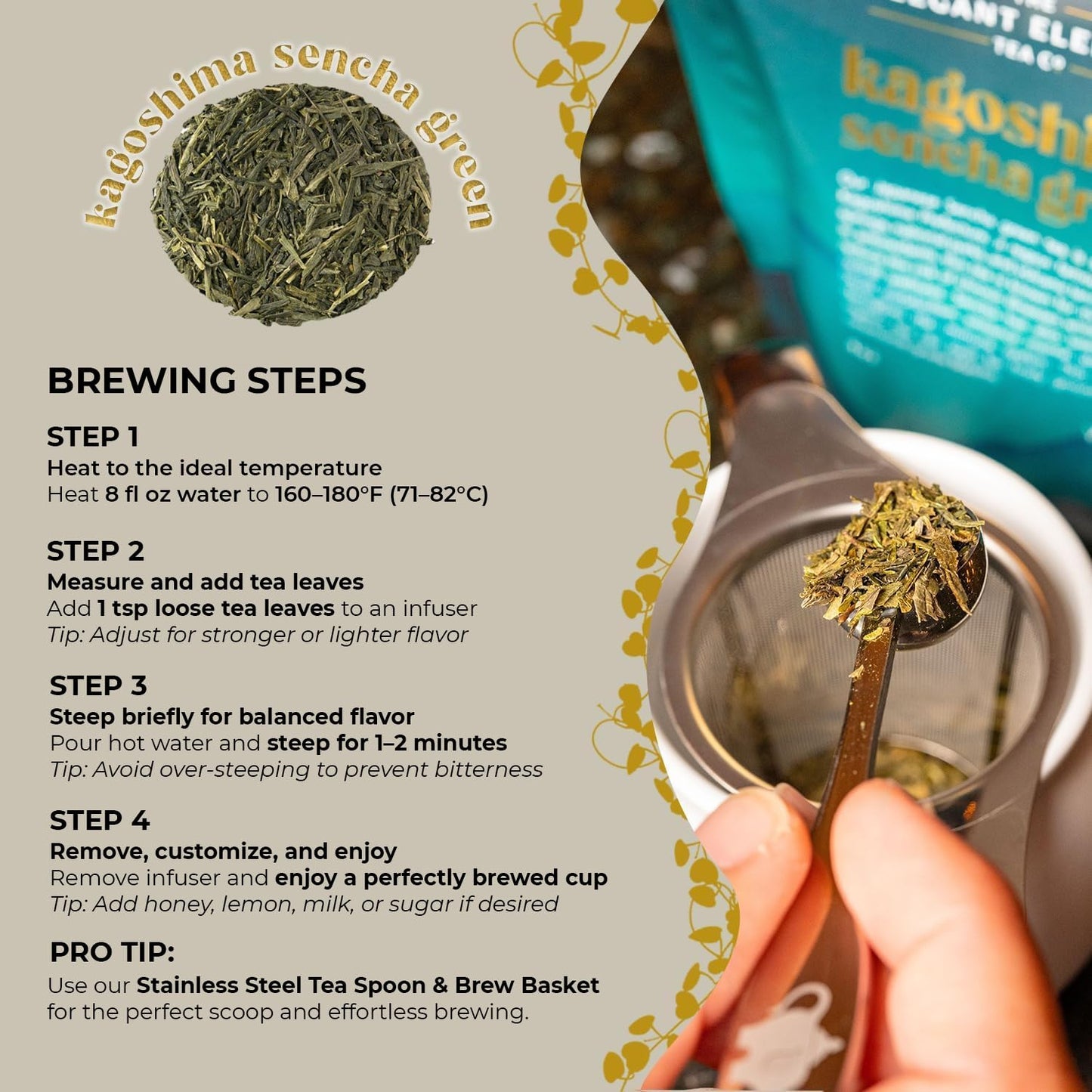 Japanese Sencha Green Tea, Organic Loose Leaf Sencha Tea – Antioxidant &amp; Detox Support – Refreshing Hot or Iced Green Tea – 4 oz Resealable Bag (Makes 50 Cups) – The Elegant Elephant