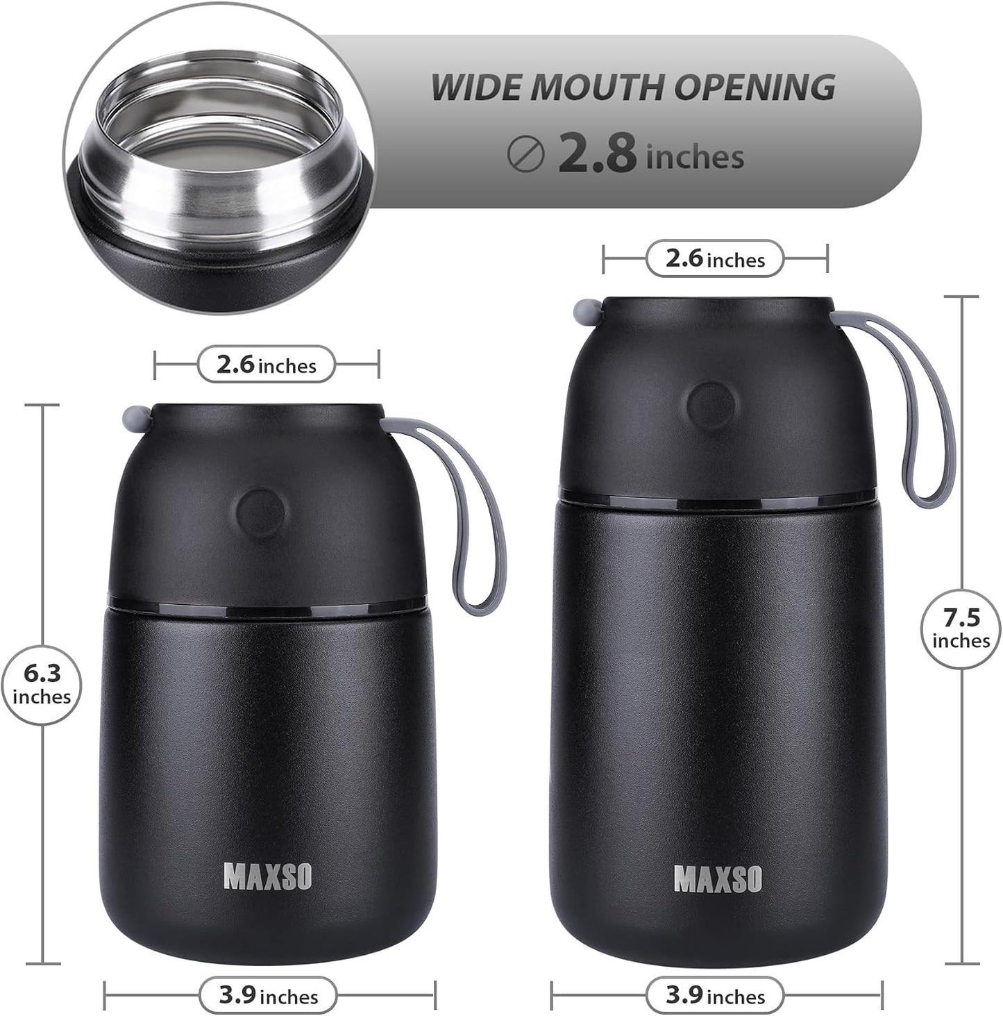Insulated Thermo Food Jar for Hot &amp; Cold Food for Kids Adult, 17&amp;24 oz Soup Thermal Hot Food Containers for Lunch, Triple Layer Insulation Stainless Steel Food Jar with Spoon (2 Pack Black)