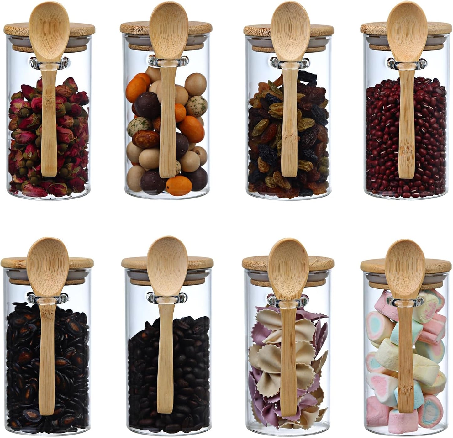 Glass Sugar Container with Spoon, 8 Pack 10oz Glass Tea Jars with Bamboo Lids and Spoons, Loose Leaf Tea Containers for Coffee Beans, Brown Sugar, Nuts, Candy, Bath Salts