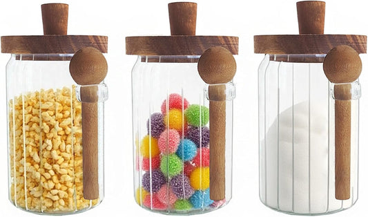 Set of 3 Glass Food Storage Jars with Handles Wood Lid and Spoon, 25 oz Glass Kitchen Canisters for Coffee, Tea, Cereal,