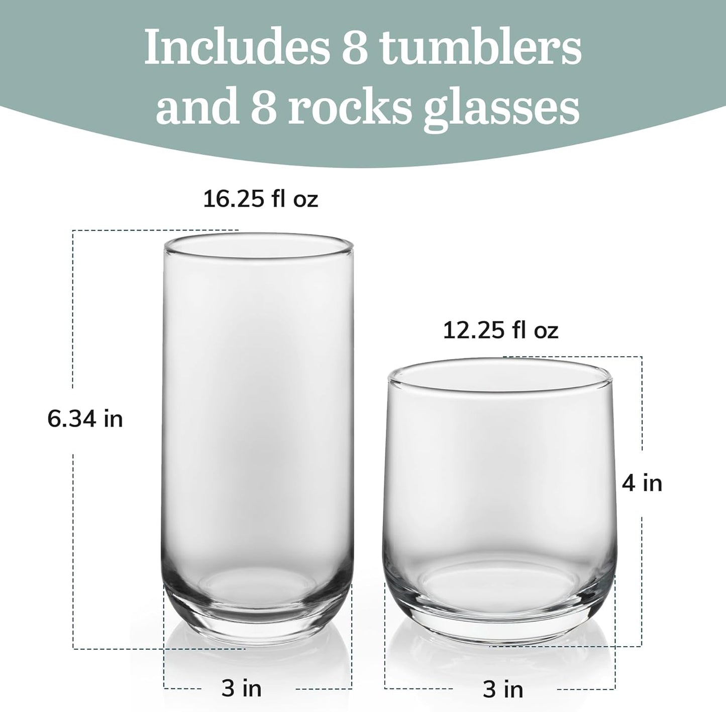 Libbey Ascent Tumbler &amp; Rocks Drinking Glasses Set of 16, Clear Glass Cups | 16.25 oz &amp; 12.25 oz Capacities Glasses for Water, Juice, Cocktails, and More with Curved Design and Dishwasher-Safe Care