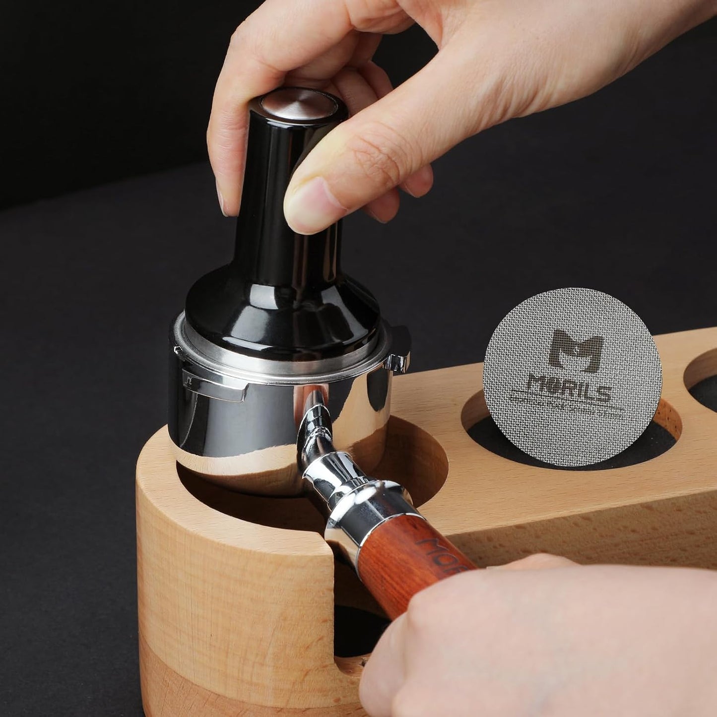 58mm Bottomless Portafilter with Double Shot Filter Basket &amp; Premium Walnutwood Handle, Portafilter Compatible with All Breville 58mm Machines, Espresso Accessories(Puck Screen)