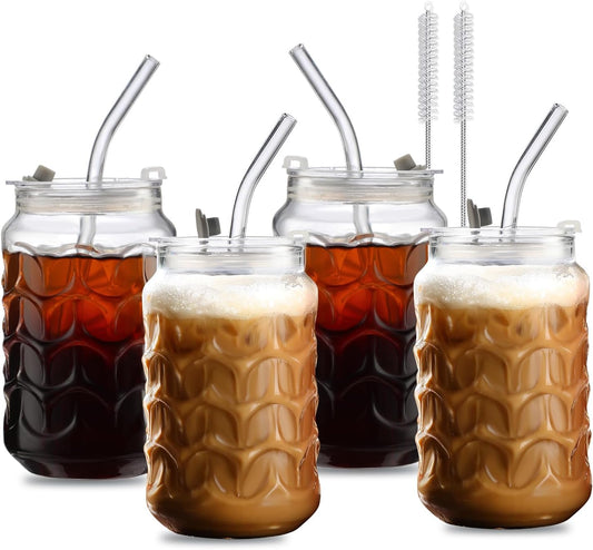 Jiuchen 4-Pack 18oz Borosilicate Glass Cups with Leakproof Lids & Straws,Multi-Use Tumblers for Office and Home - Iced
