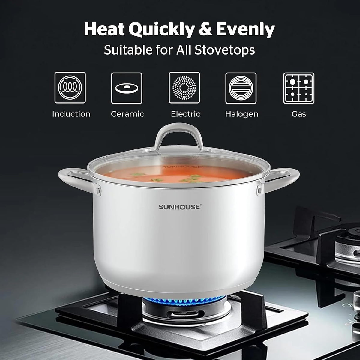 SUNHOUSE 8 Quart Stock Pot with Lid - 3-Ply Bottom Stainless Steel Pasta Cooking Canning Dutch Oven Pot - Induction Compatible for All Stovetops - Dishwasher Safe & Oven Safe