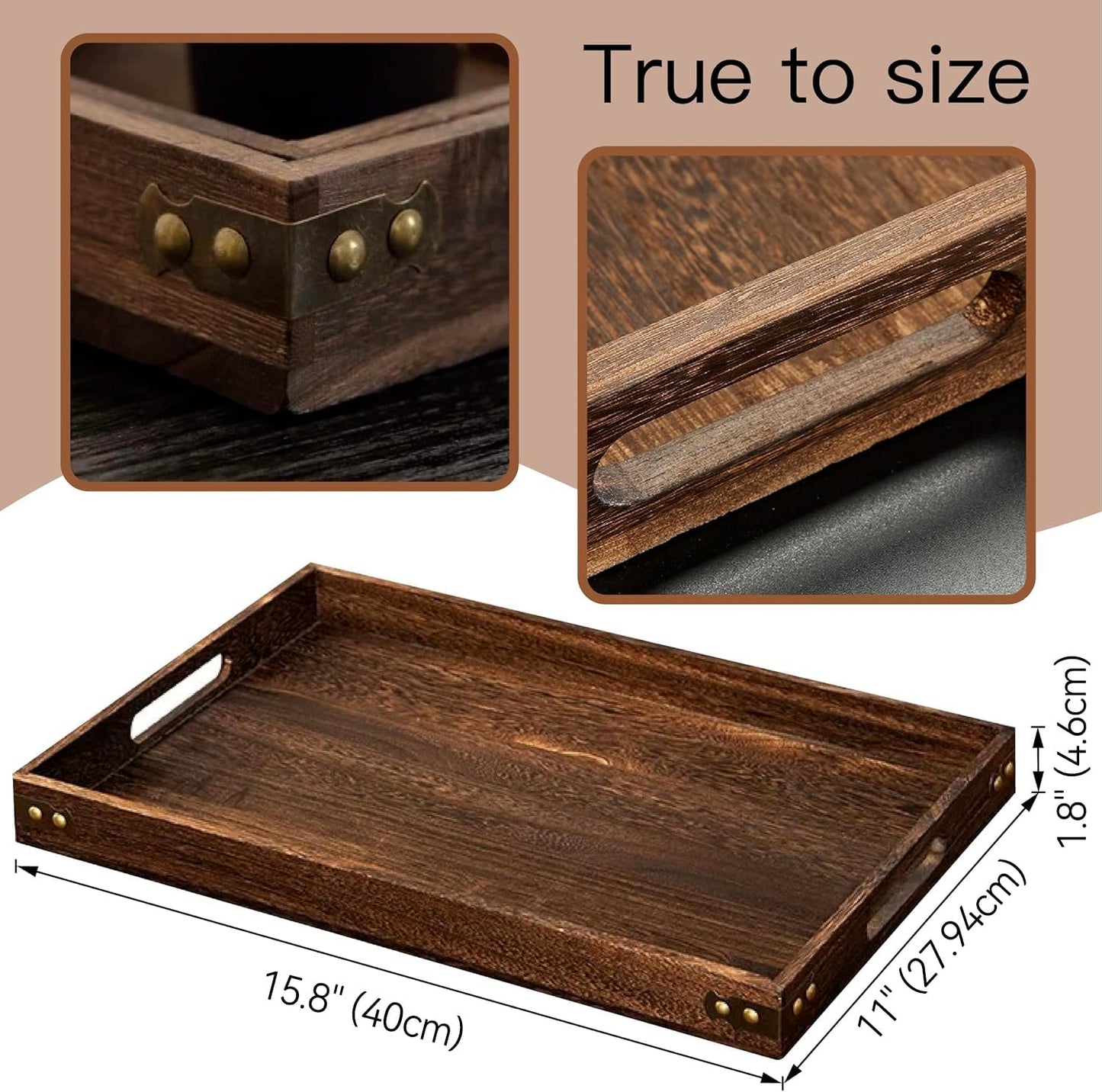 Wood Serving Tray with Handles for Breakfast in Bed, Coffee Table | 15.8 x 11 Inches Rectangular Pine Wood Decorative Tray, Ottoman Decorative Trays Platter for Living Room, Bar, Party