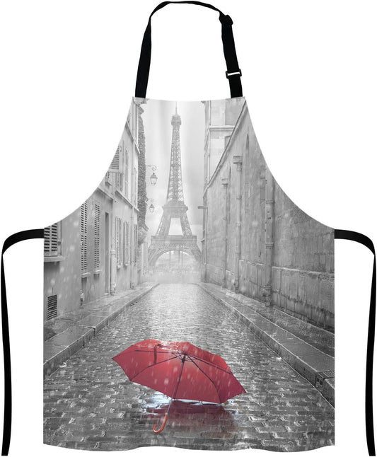 Paris France Apron, Red Umbrella in Rain Eiffel Tower Unisex Kitchen Bib with Adjustable Neck for Cooking Gardening,Adult