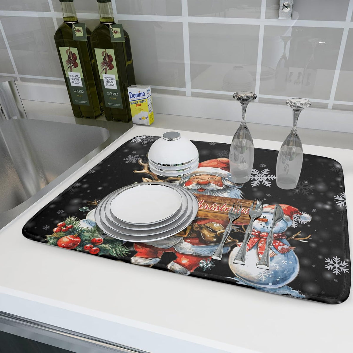Christmas Santa Snowman Dish Drying Mats for Kitchen Counter 16"x18" Merry Christmas Santa Claus Dish Drying Mats Absorbent Microfiber Reversible Dishes Pad Dish Drainer Mat for Kitchen Accessories