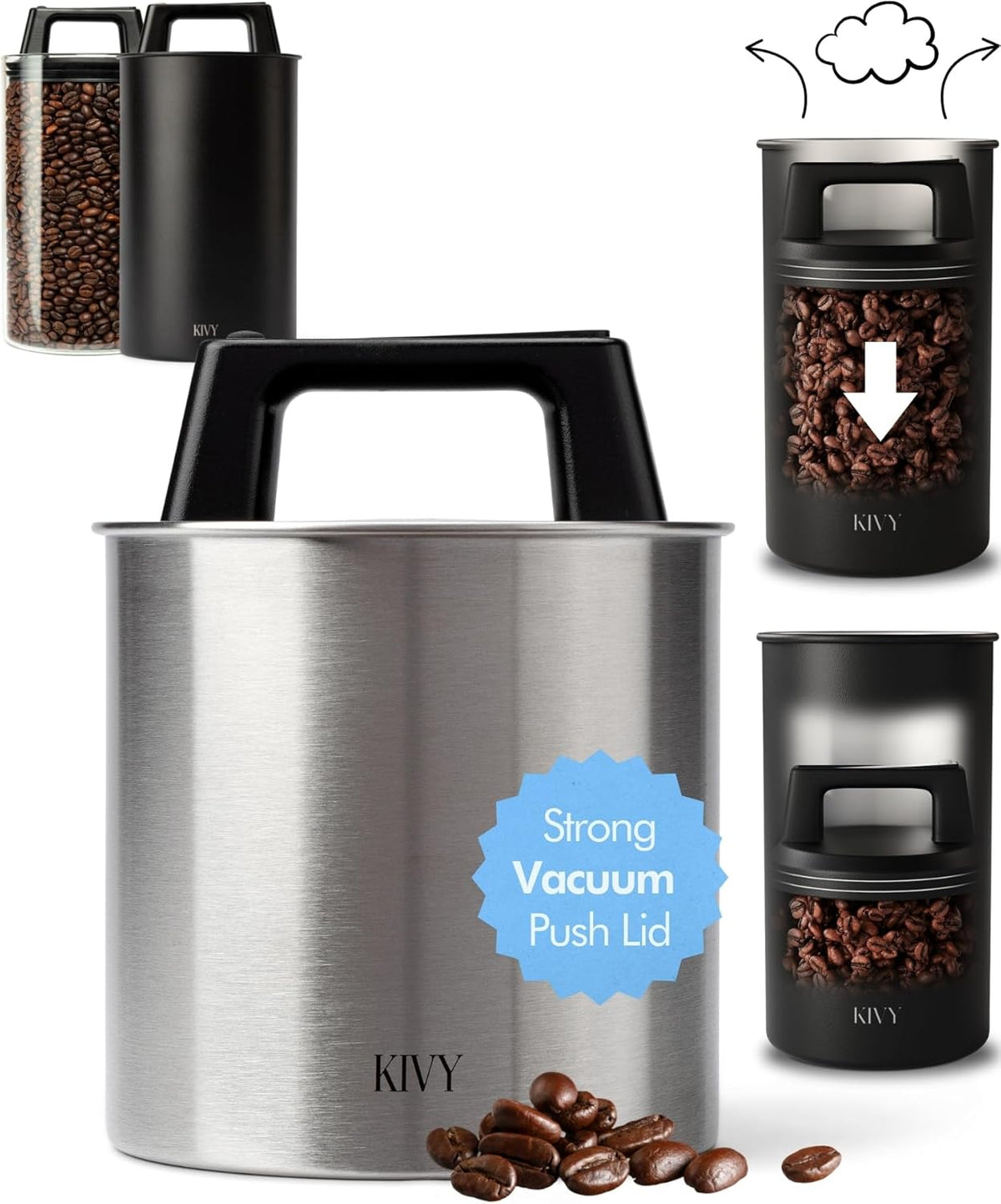 KIVY Vacuum Seal Coffee Canister [AIRTIGHT] - Coffee Canister with Airtight Lid - Airtight Jar - Air Tight Coffee Container - Coffee Storage Vacuum Canister (Stainless Steel)