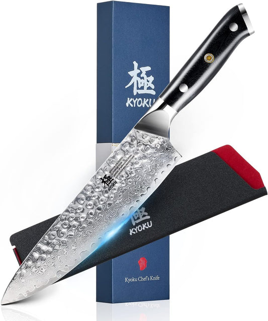 KYOKU Gin Series Chef Knife, 8" All Purpose Kitchen Knife, Japanese VG10 Damascus Stainless Steel Knife with Silver Ion