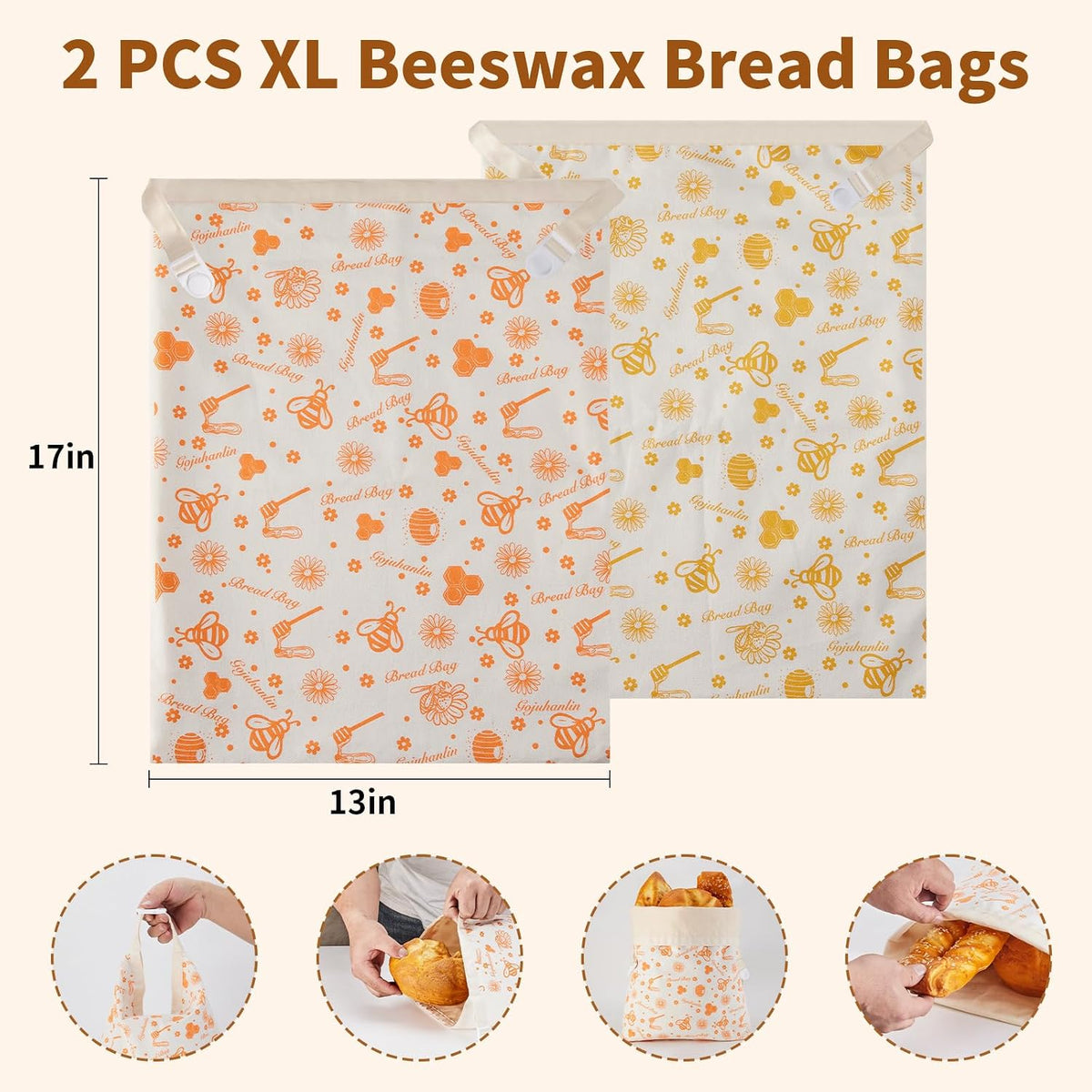 Reusable Bread Bags for Homemade Loaves, 2 Pack Cotton Beeswax Bread Bags, Extra Large Sourdough Bag, Beeswax Storage Bag to Keep Fresh