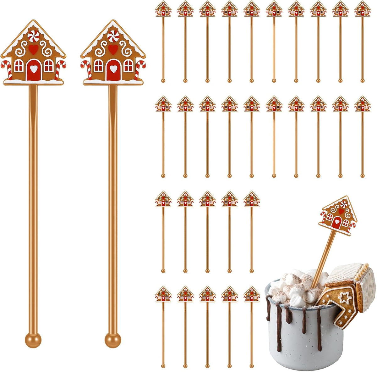 30 Pcs Christmas Drink Stirrers Xmas Stir Stick Holiday Coffee Swizzle Stick Reusable Plastic Hot Cocoa Bar Chocolate Decoration Cocktail Mixer(Gingerbread House,Novel Color)