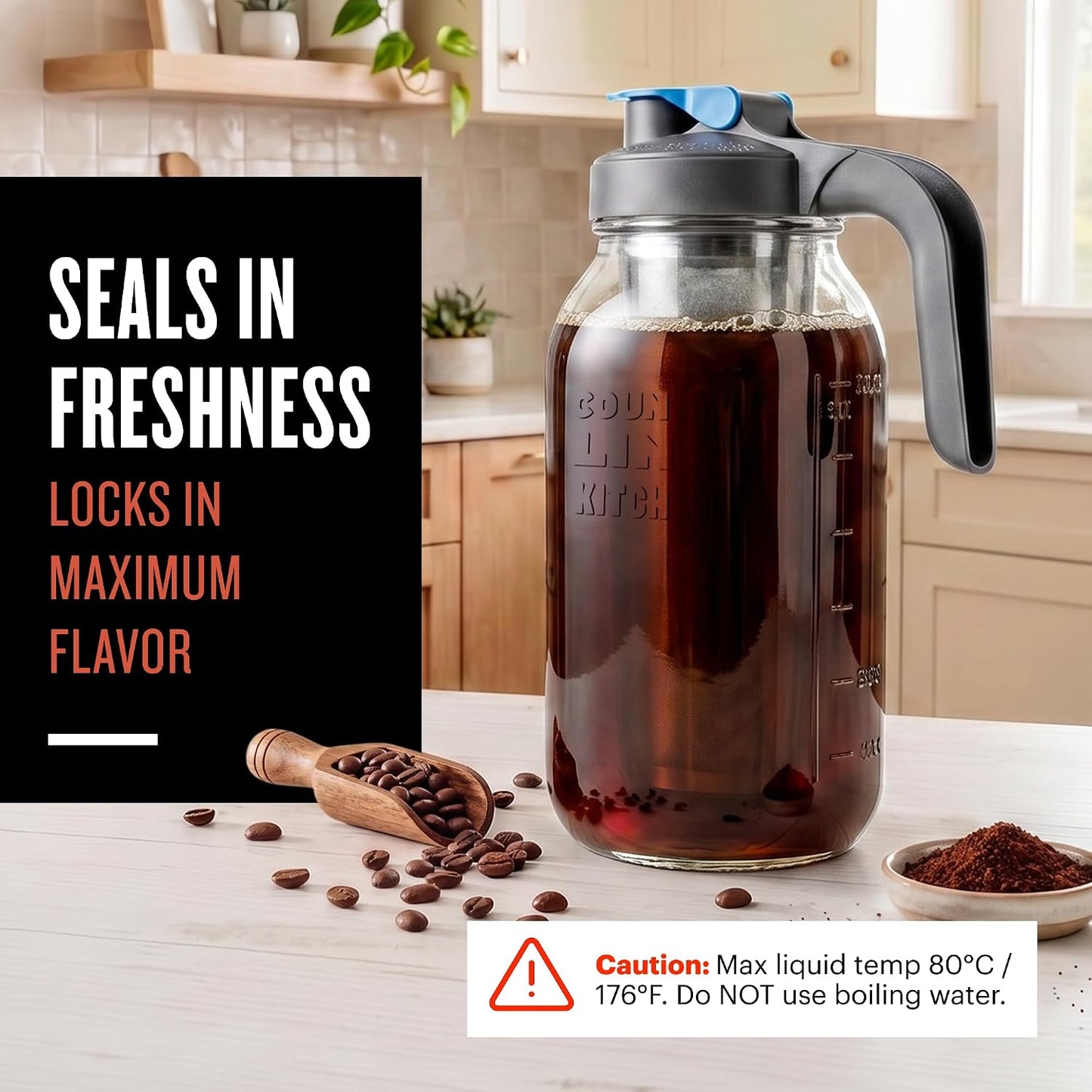 County Line Kitchen 64oz Cold Brew Coffee Maker with Leak Proof Lid - Gray | Glass Cold Brew Coffee Maker - Wide Mouth Mason Jar, Stainless Steel Filter &amp; Leak-Proof Lid (64 oz)