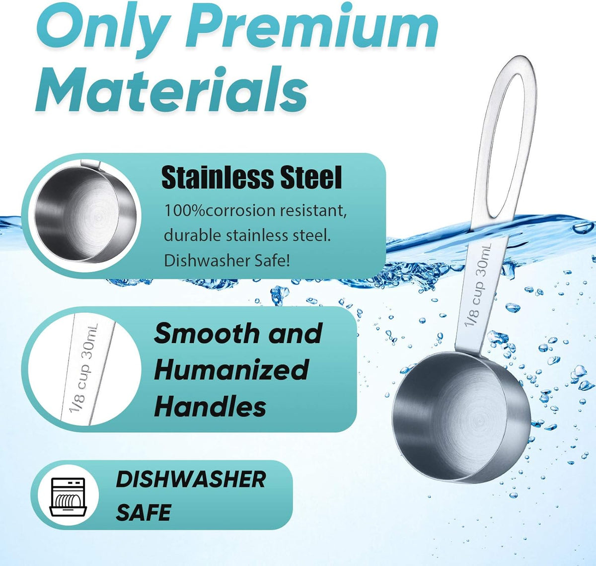Geiserailie 4 Pcs Coffee Scoop 2 Tablespoon, Stainless Steel 30 ml | 2 Short 2 Long Handles for Tea Sugar Milk, Precise 1/8 Cup Measure, Durable Metal for Kitchen Coffee Bar