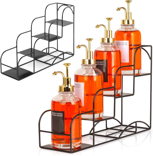 Syrup Rack for Coffee Bar Accessories, Iron 4 Compartment Bottle Organizer, Countertop Display Storage Shelf Bottle Stand,