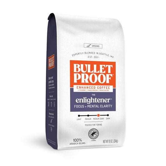 Bulletproof The Enlightener Ground Coffee, 10 Ounces, Medium-Dark Roast Enhanced Coffee with L-Theanine, Panax Ginseng and