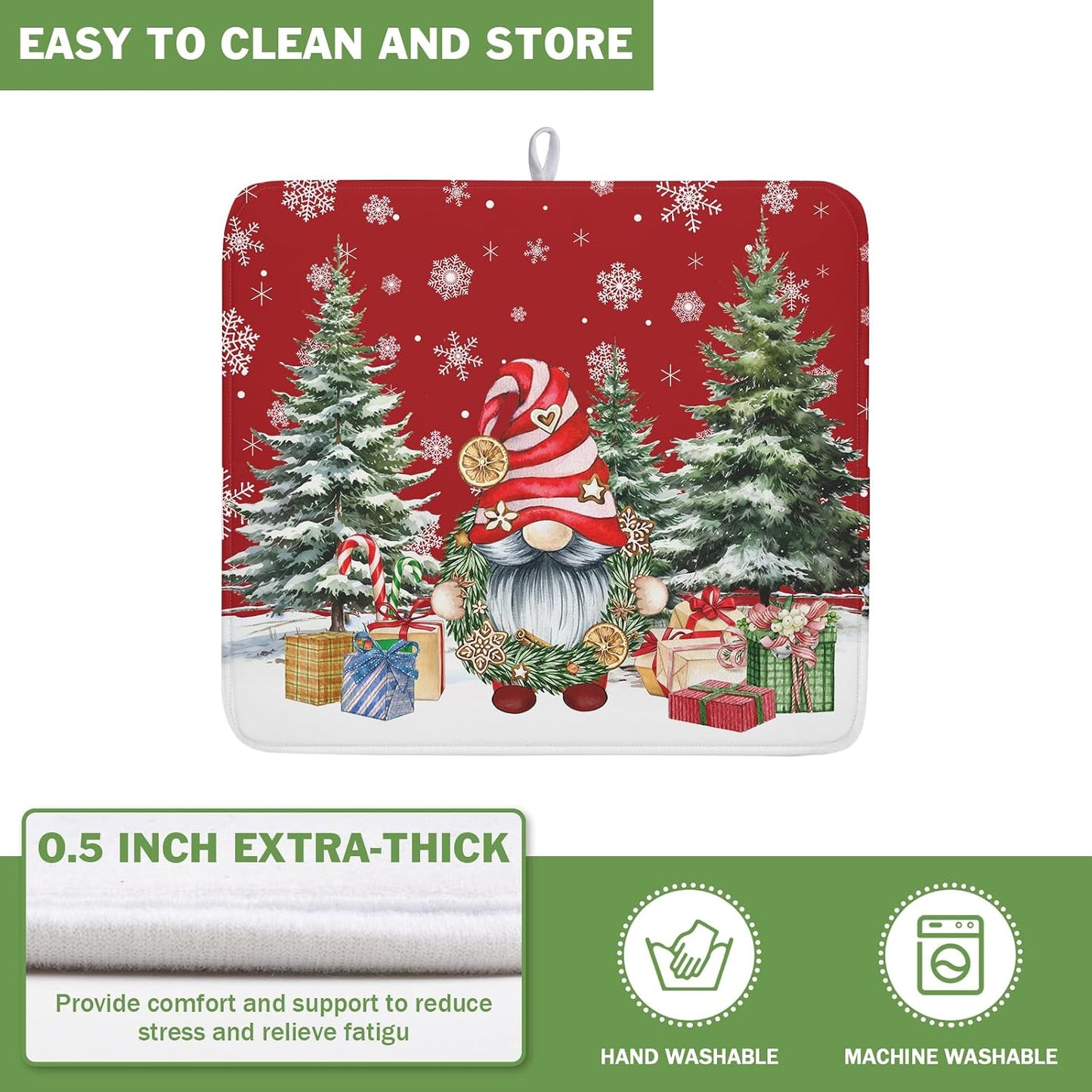 Kawani Christmas Gnome Dish Drying Mats for Kitchen Counter Christmas Gnomes Snowflakes Absorbent Microfiber Dishes Drying Pad Xmas Kitchen Drying Mat Drying Rack Mat Kitchen Accessories 16"x18"