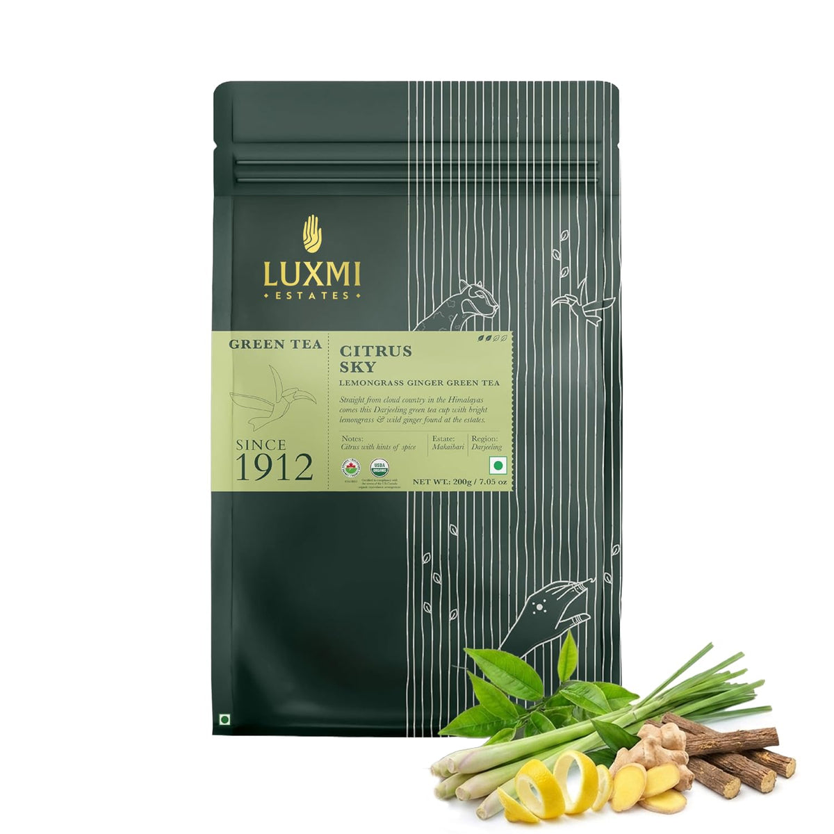 Luxmi Estates Citrus Sky Lemongrass Ginger Green Tea 200g Loose Leaf Pack