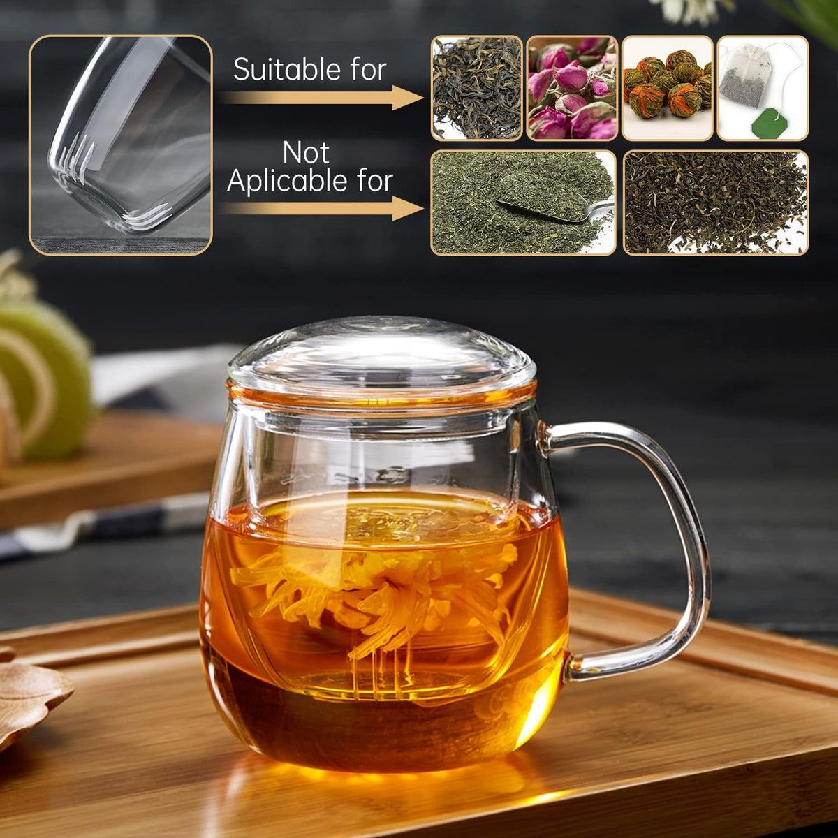 Glass Tea Cup with Infuser and Lid, 17.6oz/520ml Large Borosilicate Teacup,Tea Glass, Clear Mug for Loose Leaf Tea, Blooming Tea, Microwave & Dishwasher Safe - Tea Maker Gift for Birthday