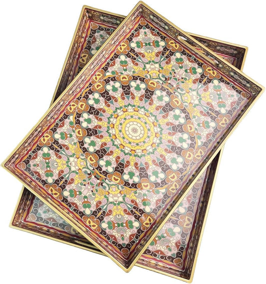 2pcs Boho Red Decorative Serving Tray, Modern Plastic Tray with Handles for Coffee Table, Living Room, Ottoman, Home Decor,