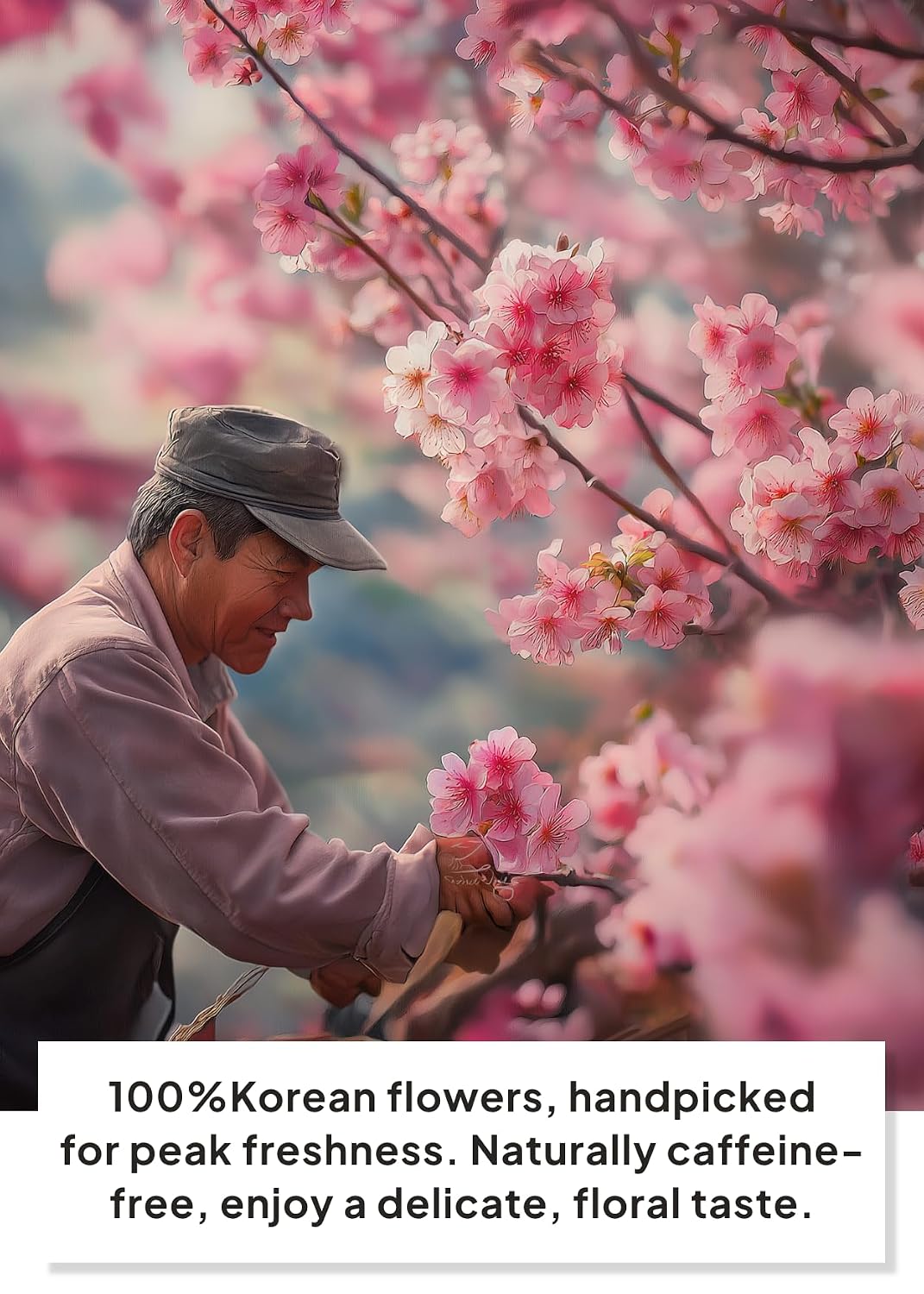 Korean Food KKOKDAM Cherry Blossom Flower Tea, Decaf Floral Blend, 10g | Decaf cherry blossom flower tea made with whole flowers, caffeine free, sugar free, and zero calories. Made in Korea.