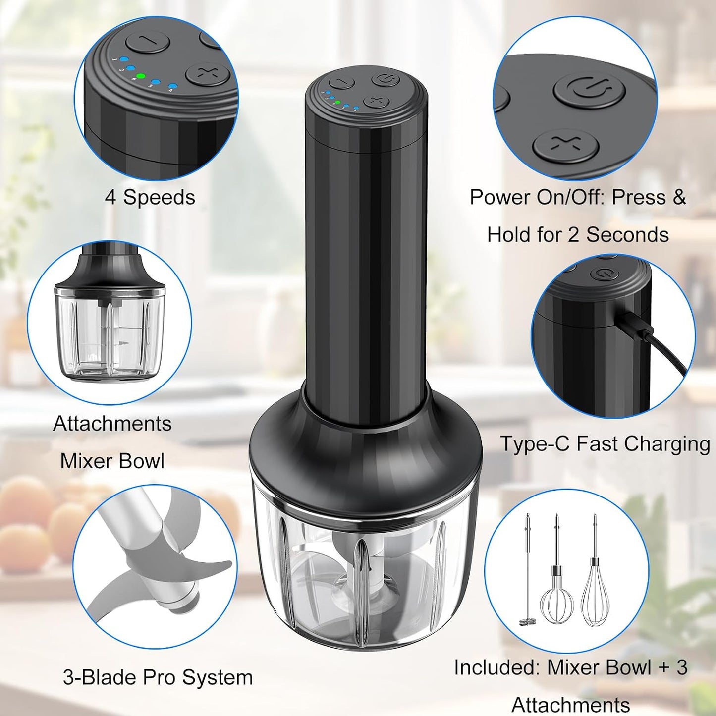 Electric Hand Mixer with MixgoII, Handheld Mixer Electric Whisk, Rechargeable Cordless Handheld Mixer &amp; Milk Frother, Small Food Chopper for Dicing, Mincing, and Puree, 4-Speed, 10Oz
