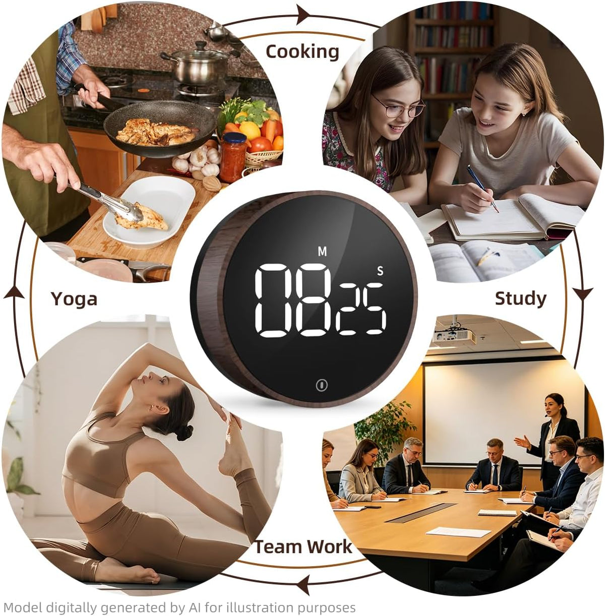 Digital Magnetic Kitchen Timer &amp; Stopwatch with LED Display, Woodgrain | Up to 99:55 Countdown &amp; Count Up , Easy Twist Control, Adjustable Volume &amp; Brightness, Magnetic Back, Battery Powered