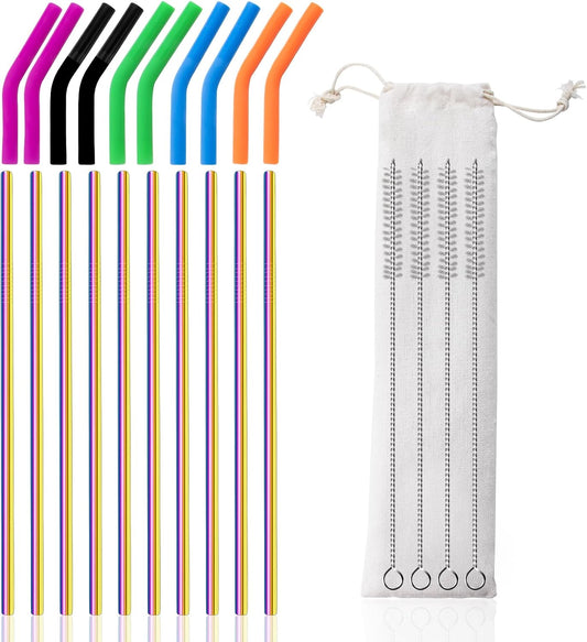 Lazycorner 10 Pcs Metal Straw Reusable 8.5" 6mm Stainless Steel Straws,20oz-32oz, Colorful Drinking Straws with Silicone