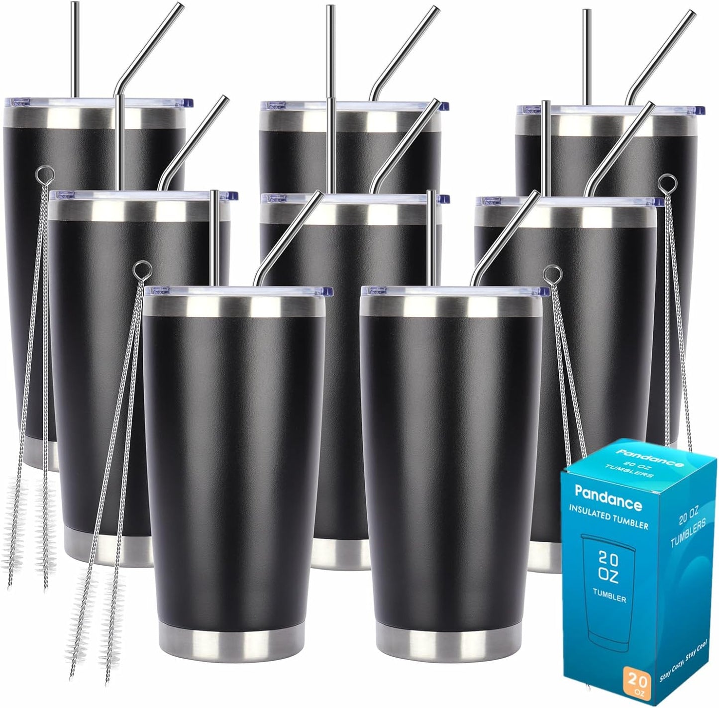 Pandance 20oz Stainless Steel Insulated Tumblers Bulk, Black, 8 Pack | Double Wall Vacuum Travel Mug, BPA Lid, Straight &amp; Curved Straws+Brush, Hot &amp; Cold Drinks, Individually Package, Bulk
