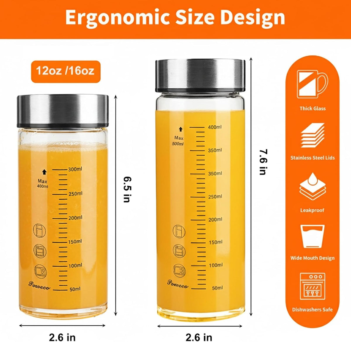 Glass Juice Bottles 4 Pack 12 oz - Wide Mouth Glass Water Bottles with Lids - for Juicing, Protein, Smoothie, Milk, Reusable, BPA Free, Stainless Steel Lids, Blender, Shaker Bottle (12oz/400ml)