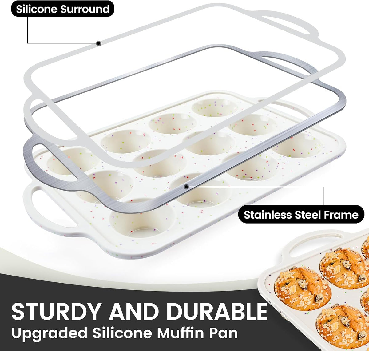 Vinino 1Pack Silicone Muffin Pan for Baking with Metal Reinforced Frame