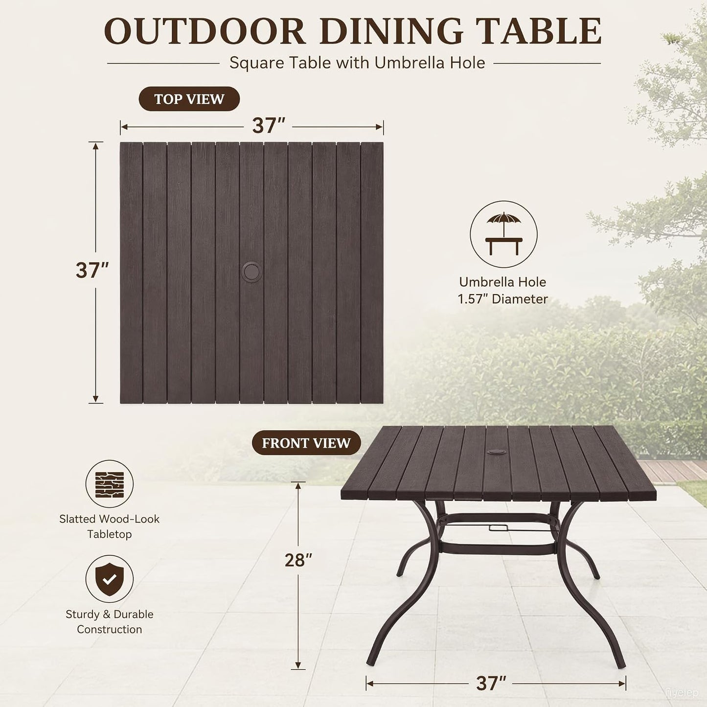 Anmutig 37" Outdoor Dining Table with 1.6" Umbrella Hole, Brown | Square Plastic Patio Table with Metal Steel Frame for
